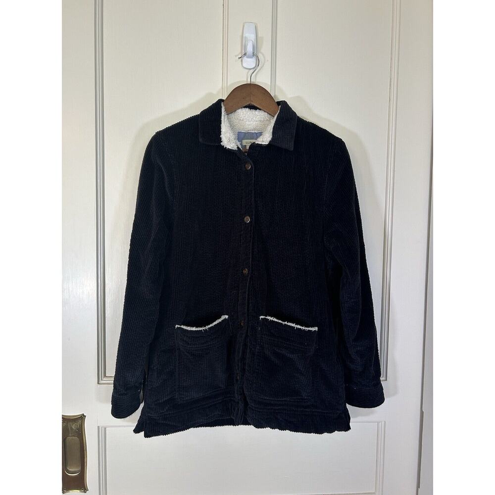 LL Bean Corduroy Sherpa Lined Button Shacket Womens Size Small Black Chore Cozy - Picture 1 of 10